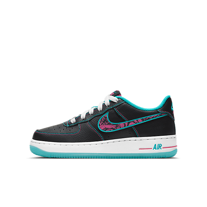 Kids Nike Air Force 1 LV8 1 GS 'Miami Nights' Black/Light Blue Fury/White/Fireberry DD9207-001