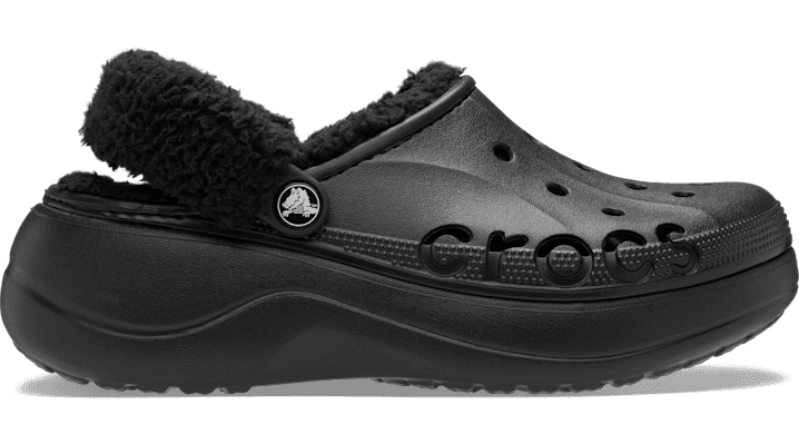 Crocs Baya Platform Fuzz Strap Lined Clogs 'Black'