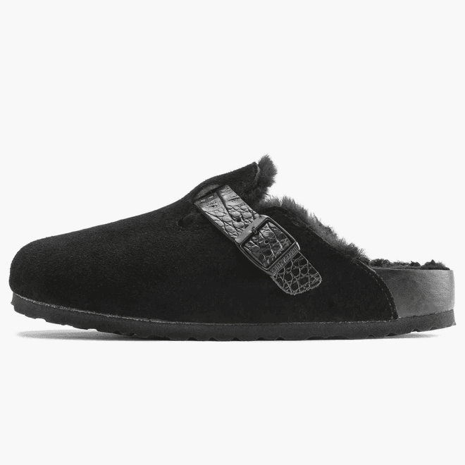 Birkenstock Boston Shearling Suede Reptile Embossed Strap Black