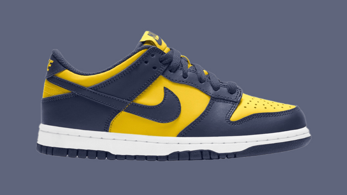 The 'Michigan' colorway comes on the Nike Dunk Low