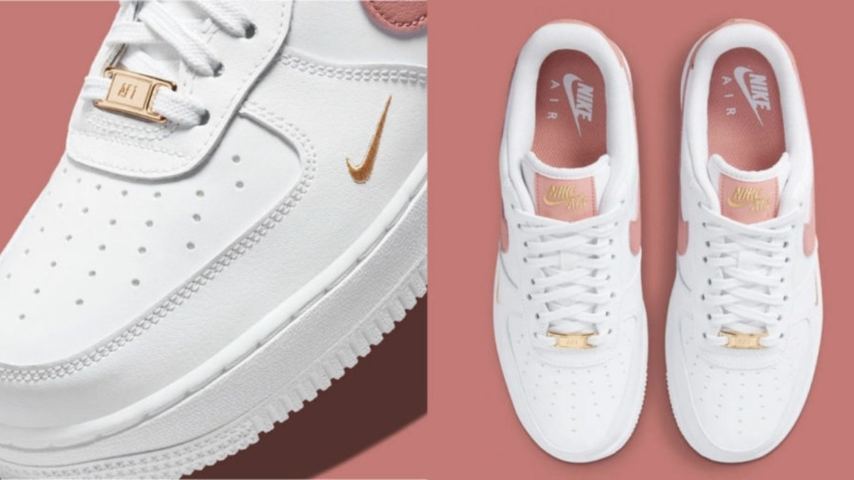 The Nike Air Force 1 Low has an elegant look due to the White/Rust Pink colorway and details