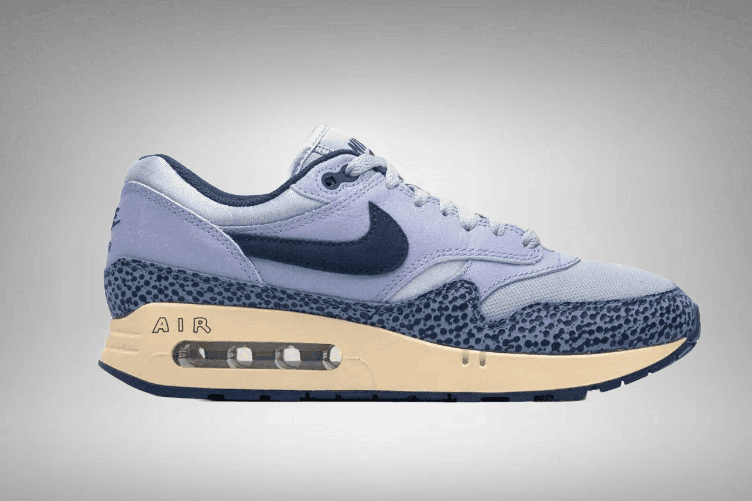 The Nike Air Max 1 '86 appears in a 'Blue Safari' colorway