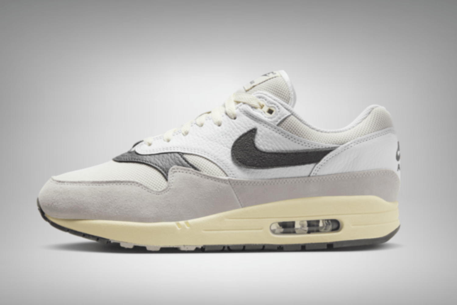 A new Nike Air Max 1 appears in Greyscale and Sail shades