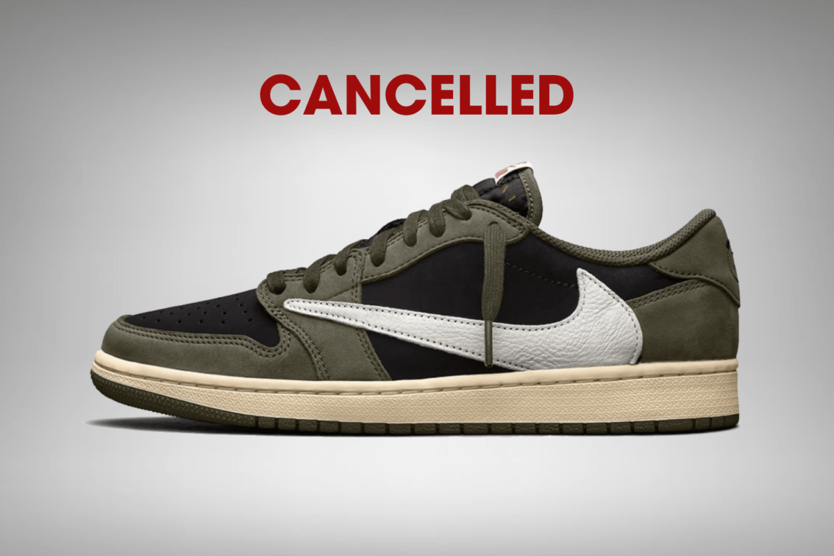 De Travis Scott x Air Jordan 1 Low OG 'Black Olive' release is gecanceld