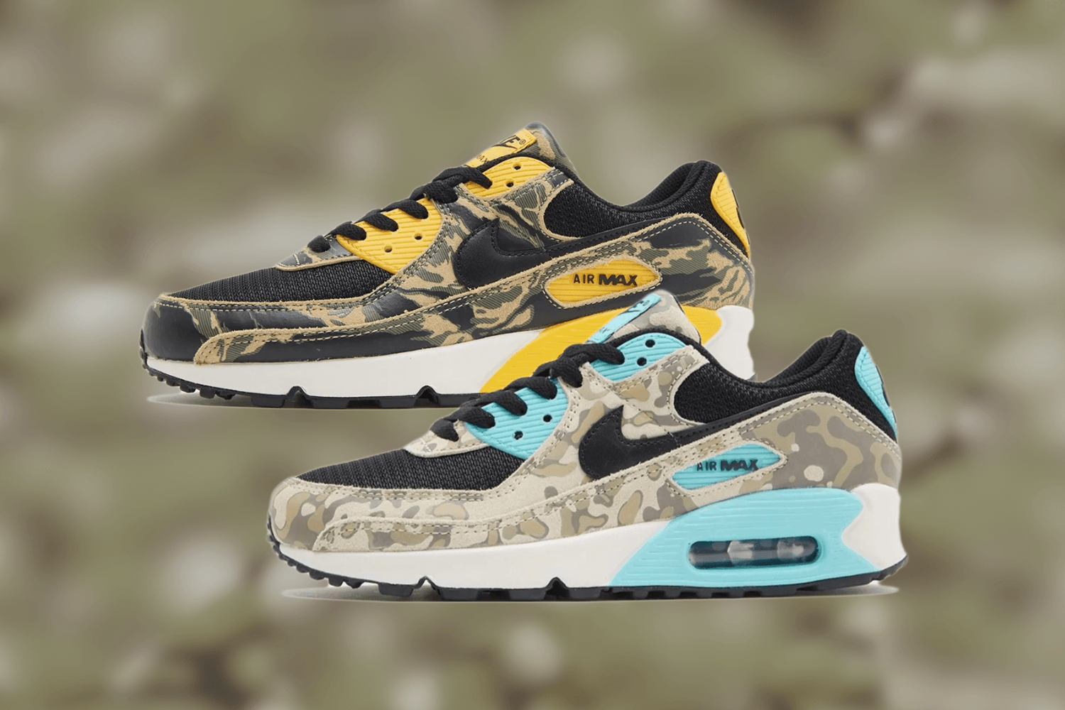 Nike adds the 'University Gold' and 'Aurora Green' colorways to the Air Max 90 'Camo' pack